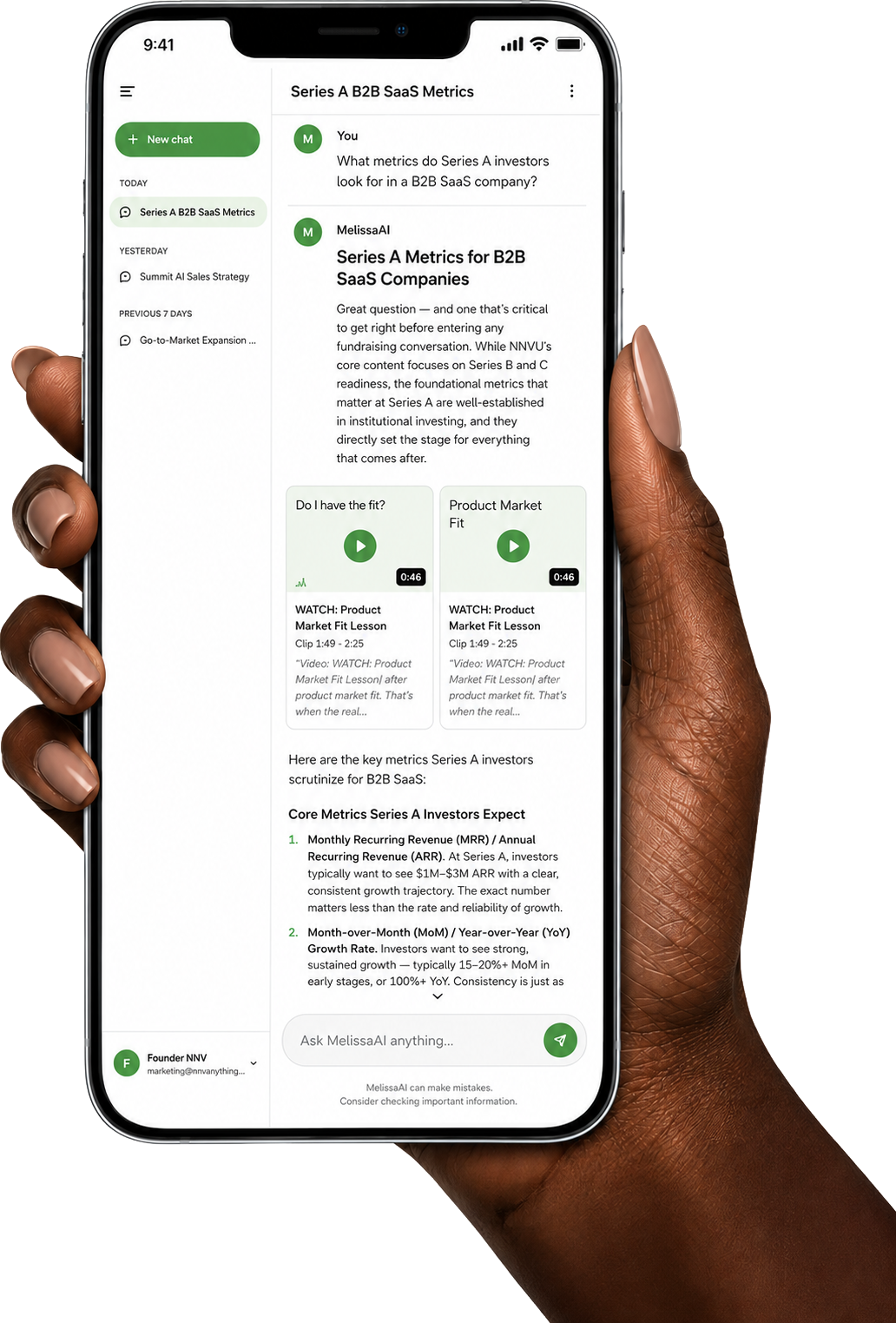 MelissAI chat open on a phone showing Series A SaaS metrics